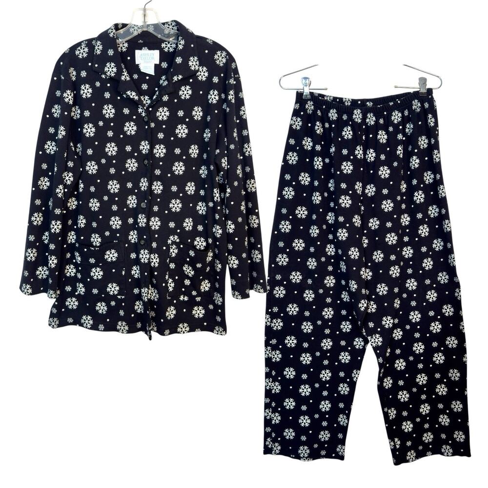 Pajamas Set Snowflakes Black Button Top Pants Women L/M Cotton Loungewear